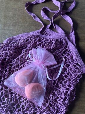 Lavender Crochet Market Tote Bag with makeup Sponges